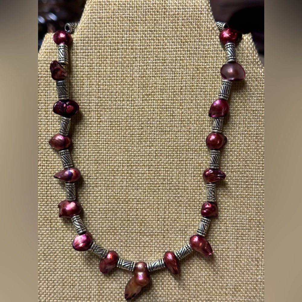 Handmade Red Pearl and Silver Necklace